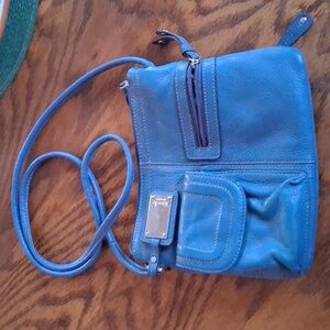 Tignanello Blue Leather Multi Compartment Wallet Travel Crossbody Purse